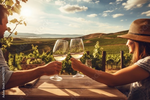 Photo of a couple clinking wine glasses in a scenic vineyard. Generative AI photo