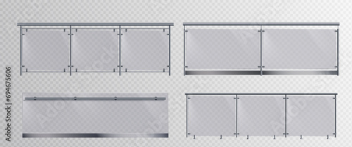 Glass banister for balcony or terrace fence. Realistic vector set of horizontal handrail with plexiglass panel and metal tubular beam fasteners for stairway guardrail. Transparent acrylic barrier.