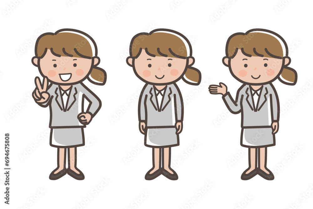 ビジネスウーマンの3ポーズセット_ピース_案内_説明