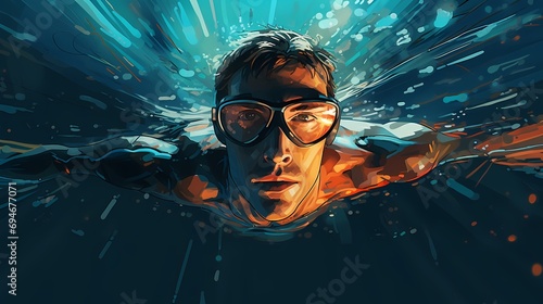 Handsome man swimming and wearing swimming goggles underwater with water splashing background, illustration painting style, summer vacation, scuba diving