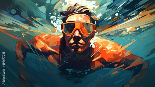 Man swimming and wearing swimming goggles underwater with water splashing background, illustration painting style, summer vacation, scuba diving