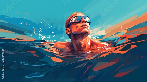Man swimming and looking at the sky with water splashing sunlight background, illustration painting style, summer vacation