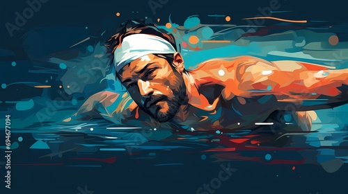Handsome man swimming wears a headband, illustration painting style, summer vacation