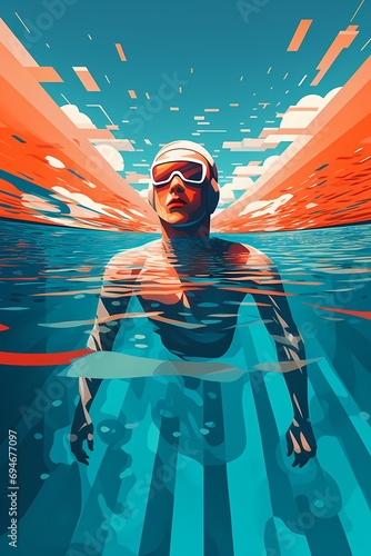 Retro futurism art of man swimming selfie, wearing white swimming goggles and white swim cap. Illustration painting style, summer vacation
