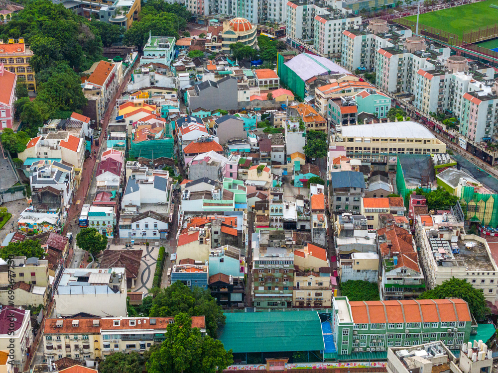 Aerial View of The food street or Rua do Cunha in Taipa Island, Macau