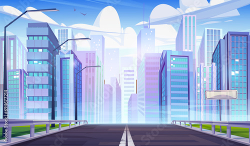 Modern city highway perspective. Vector cartoon illustration of urban street with skyscrapers, high-rise office and housing buildings, birds flying high in blue sky with clouds, blank name plate