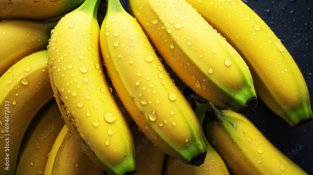 fresh ripe banana with dew close-up background, label or poster element