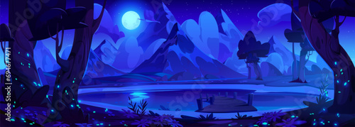 Night landscape with wooden pier on lake at foot of mountain with snow covered peaks under full moon light. Cartoon vector illustration of natural dark dusk scenery with bushes and trees on pond shore