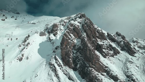 Aerial drone pan shot from left to right over white snow covered mountain slopes in Engelberg Brunni bahnen in Switzerland. photo