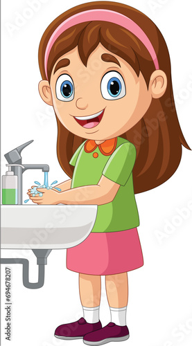 Cartoon little girl washing hands