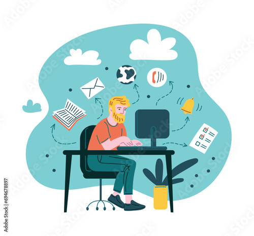 Man working at computer and doing many different tasks.