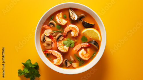 Tom Yam kung Spicy Thai soup with shrimp, seafood, coconut milk and chili pepper photo