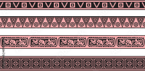 Vector set of pink and black Native American ornamental seamless borders. Framework of the peoples of America, Aztecs, Maya, Incas..