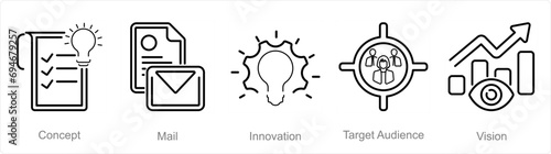 A set of 5 Branding icons as concept, mail, innovation, target audience