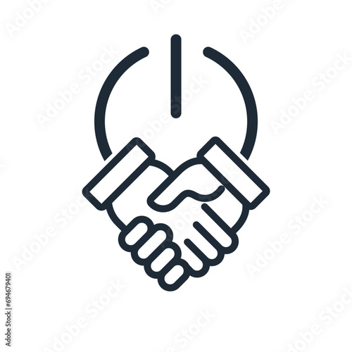 Handshake with power button.Start collaborating. Vector linear icon illustration isolated on white background.