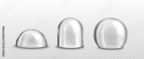 Glass hemisphere transparent dome. Realistic vector illustration set of plastic protection half globe. Geometric ball to cover showcase or product stand. Empty round clear safety container or jar.
