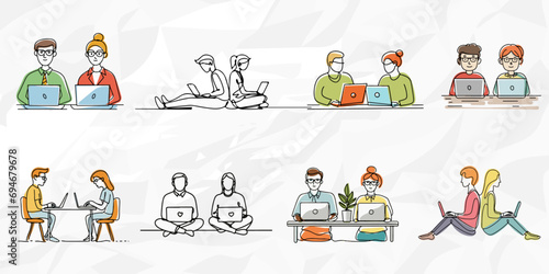 Moderne farbige Lineart-Illustrationen von Nerds mit Laptops | Vektor Grafik Bündel