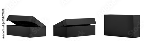 Black cardboard box mockups set isolated on white background. Vector realistic illustration of open and closed 3d carton product packages, mail delivery, parcel shipment, present with blank surface