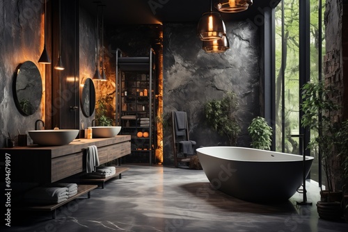 Modern Urban Industrial Bathroom with Exposed Concrete Walls and Elegant Copper Accents