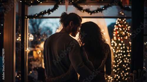 Couple hugging looking at christmas decoration, Generative AI