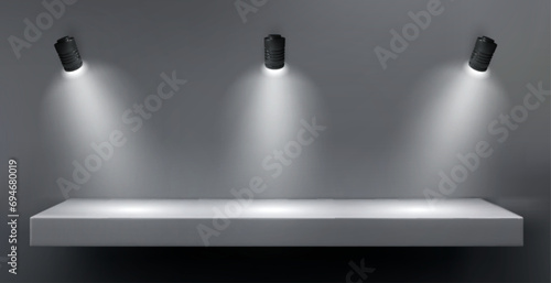 Wall with shelf and spot light lamp for product display. Realistic vector illustration of empty platform illuminated by spotlight. Mockup of gallery or exhibition studio podium with highlight.