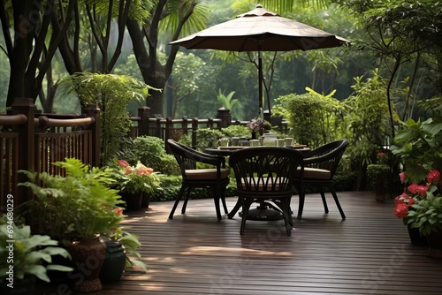 Design a tranquil outdoor scene featuring a rattan patio set placed on a wooden deck in a sunlit garden. photo