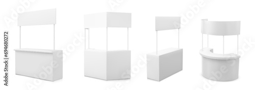Advertising and promo booth stand. Realistic vector illustration set of white empty portable kiosk mockup with signboard. Blank retail trade, promoter and presentation stall of various shapes.