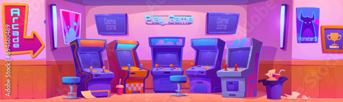 Game club room interior with retro arcade machine and banners. Cartoon vector illustration of vintage 80s console with joystick controller and screen. Old electronic videogame entertainment hall.