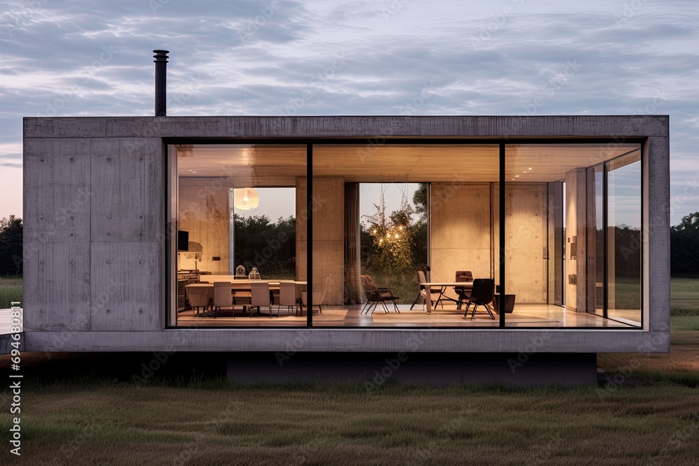 minimalist tiny house with just one floor made of concrete - obrazy, fototapety, plakaty 