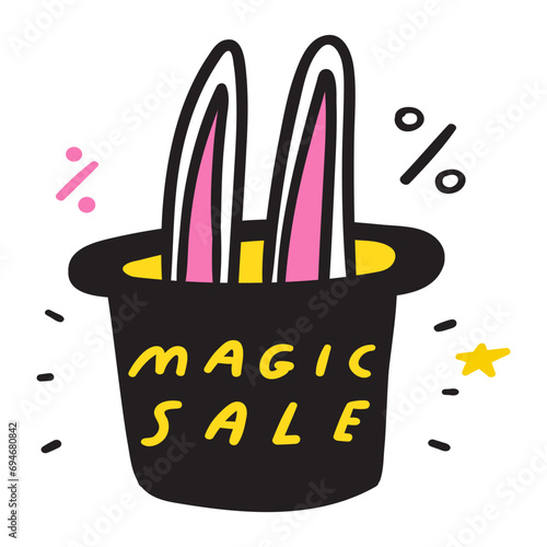A rabbit sitting in a hat. Trick. Magic sale. Vector flat icon illustration. Marketing.