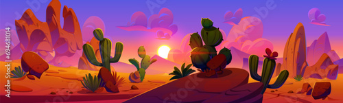 Arizona desert landscape with rocks, cliff mountains and cactus on sunset or sunrise. Cartoon vector illustration of sandy scenery with canyon and wild cacti and grass flooded with pink sunlight.