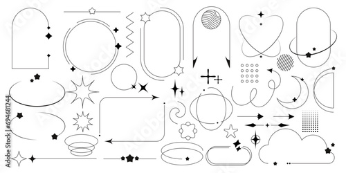 Y2k line frame and border for 2000s design. Simple outline vector illustration collection of aesthetic minimal graphic box of geometric oval, circle and arch forms with star, sparkle and flower shapes