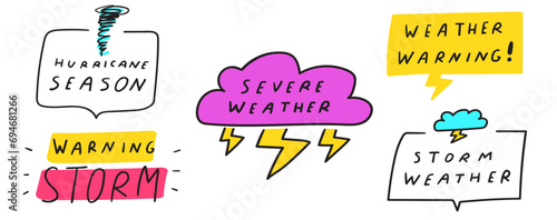 Set of hand drawn icons. Weather forecast. Warning storm, hurricane season. Vector flat illustrations on white background.