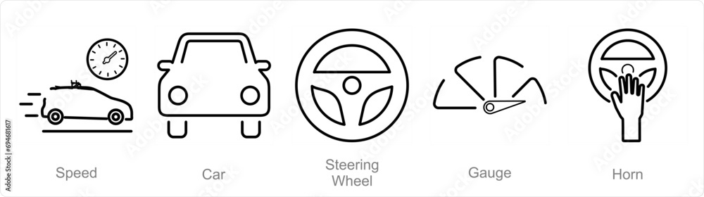 A set of 5 Car icons as speed, car, steering wheel - obrazy, fototapety, plakaty 