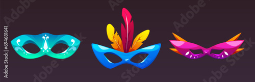 Set of colorful carnival masks isolated on black background. Vector cartoon illustration of masquerade costume elements decorated with feather, color pattern, Venice festival show, traditional art