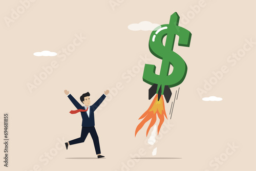 Increasing income, investment growth, increasing business income or profits, dollar rocket flying high to increase profits.