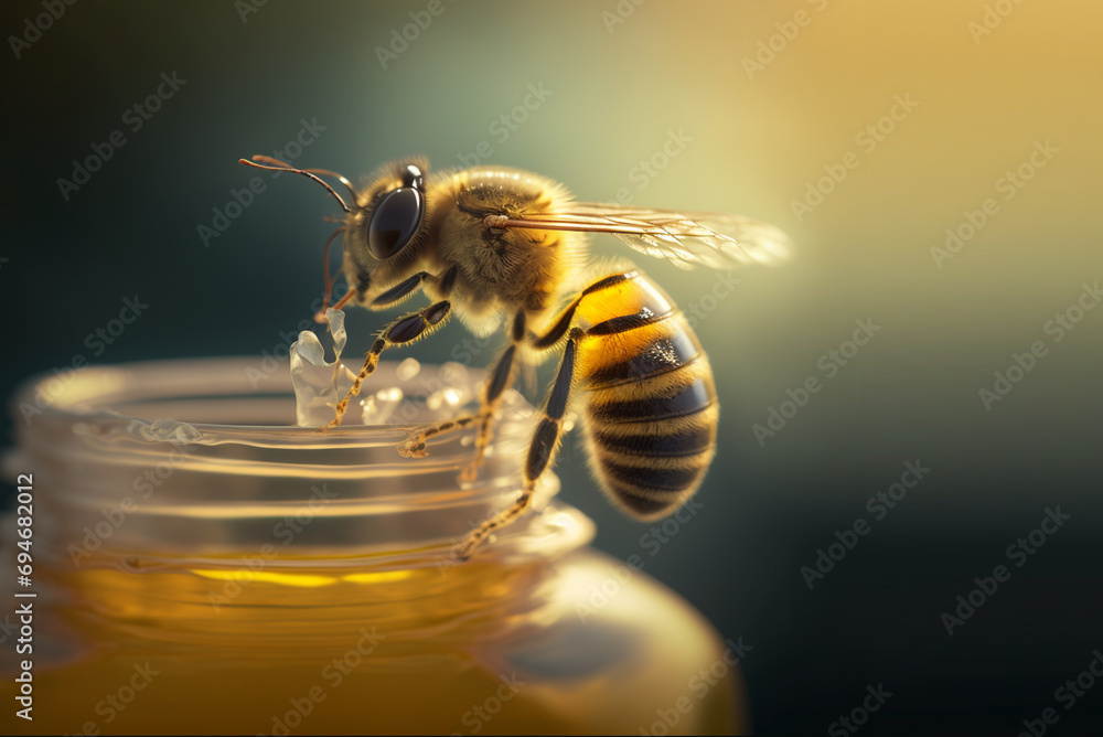 closeup of an honey bee on a honey jar  - obrazy, fototapety, plakaty 