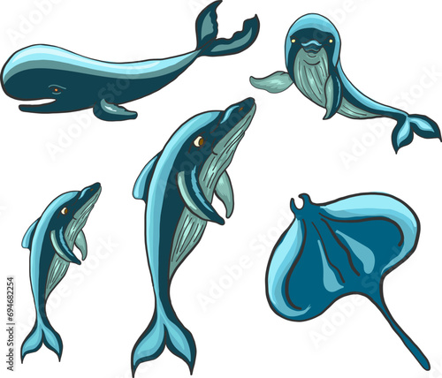 Illustration about animal faces isolated on white background.Set of fish and sea animals in cartoon style.Set of cartoon collection for elements on coloring book.set of wild animals.pet cartoon.