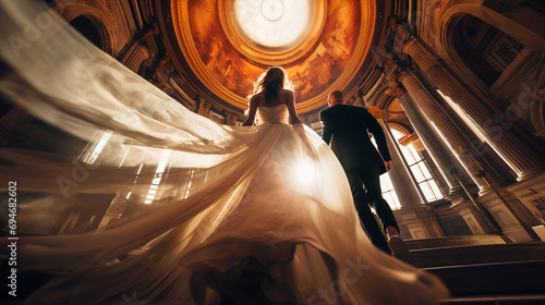 Bride in flowing wedding dress in cathedral, Generative AI photo