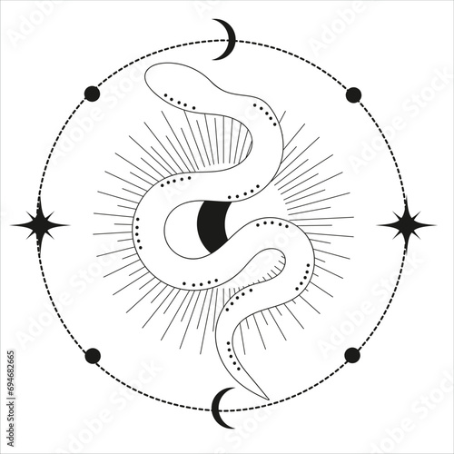 Vector snake set of mystical magic objects- moon, eyes, constellations, sun and stars.Print ready vector design for Tshirt, Mug and printing item. bundle design  .Black and white view.