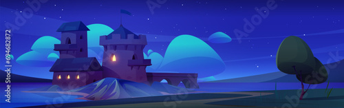 Royal medieval castle on island at night. Cartoon vector dark midnight landscape of ancient fairytale palace with flag on tower under starry sky with clouds and moonlight. Fantasy kingdom building.