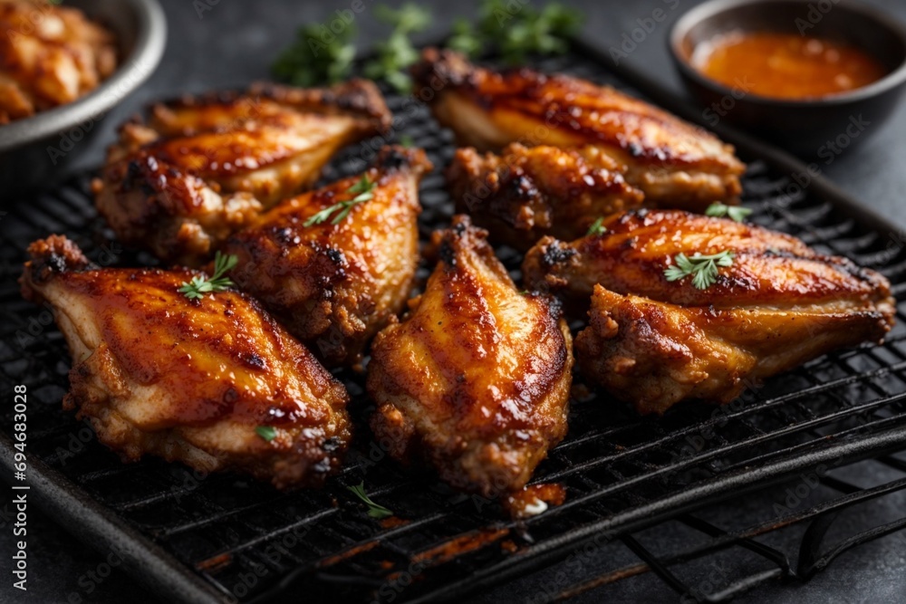 Grilled chicken wings with lime and parsley on a black background