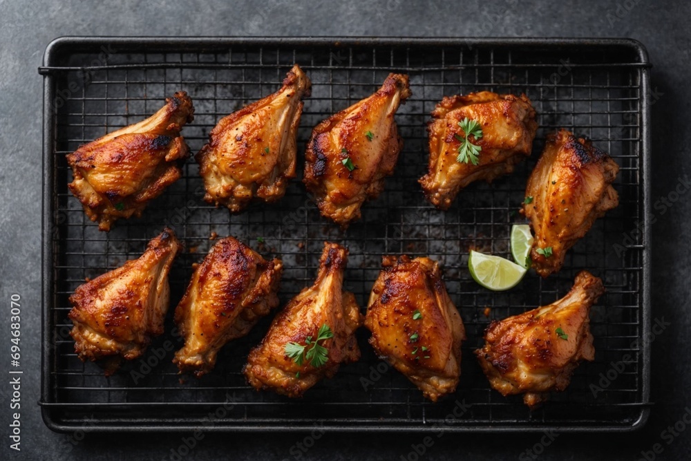 Grilled chicken wings with lime and parsley on a black background