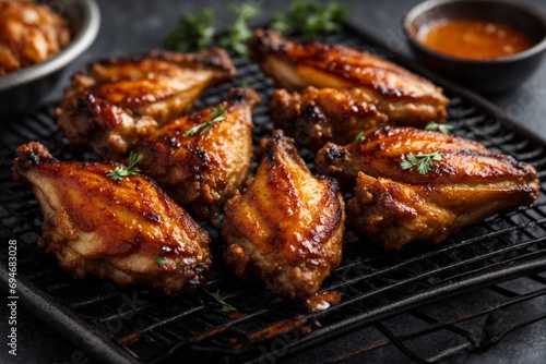 Grilled chicken wings with lime and parsley on a black background © Viewvie