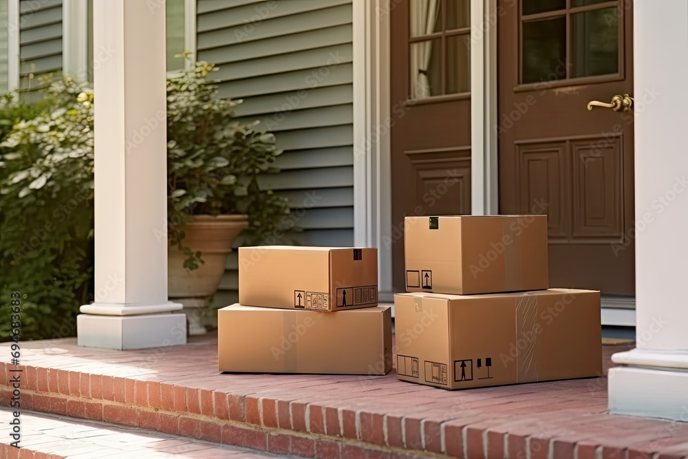 Delivery process. Stack of neatly arranged brown cardboard boxes sits on doorstep of home awaiting recipient. Boxes symbolize convenience of online shopping and reliability of delivery services Delivery process. Stack of neatly arranged brown cardboard boxes sits on doorstep of home awaiting recipient. Boxes symbolize convenience of online shopping and reliability of delivery services