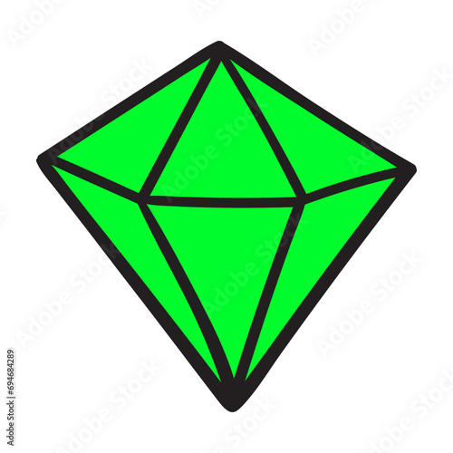 Green crystal. Vector isolated icon. Flat hand drawn illustration on white background.