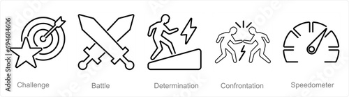 A set of 5 Challenge icons as challenge, battle, determination