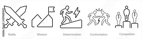 A set of 5 Challenge icons as battle, mission, determination
