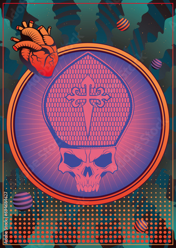 Abstract Poster Template, Skull in Pope's Hat, Psychedelic Colors and Abstract Shapes Background