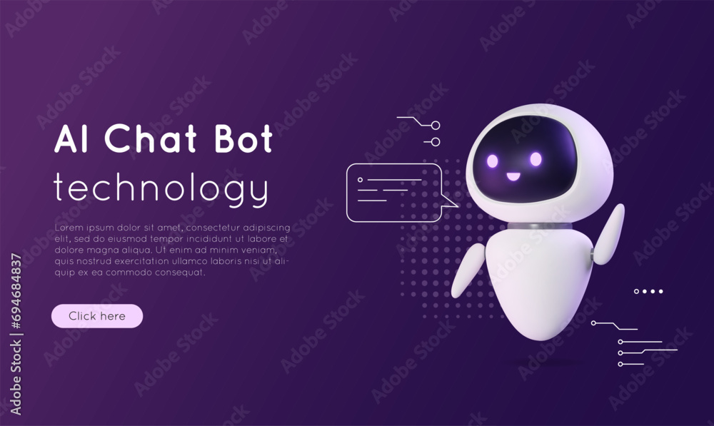 3D artificial intelligence chat bot. Banner concept with neural network robot, AI servers technology. Online communication, support assistance, cartoon digital agent. Vector illustration. - obrazy, fototapety, plakaty 